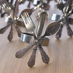 Vintage AUDREY Silver Plated Napkin Rings Mini Fork Knife Spoon Set of 10
